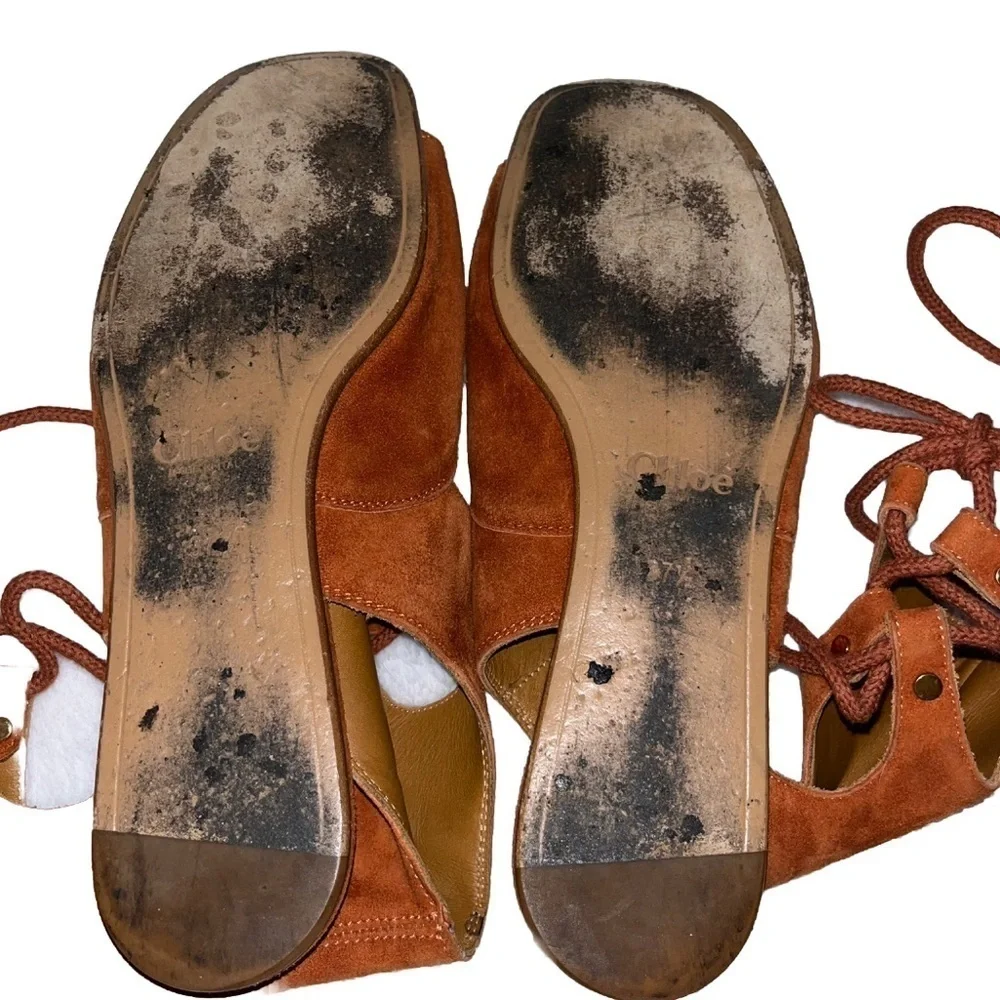 Chloé Rust Orange Sandals Suede Gladiator Lace Up Flat 7.5 Casual Summer Resort